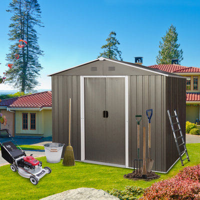 Outdoor 8Ft X 6Ft Metal Shed - Black, Galvanized Iron Frame For Durability, Punched Vents, Sliding Door With Padlock, Easy Assembly Kit In Structure, Ventilated Simple Project