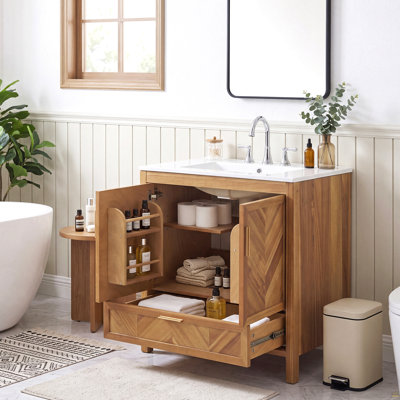 30 Inch Freestanding Farmhouse Bathroom Vanity with Integrated White Ceramic Sink Top, Smooth Finish Natural Acacia Wood Veneer Herringbone Chevron Cabinet, Soft Close Doors & Full Extension Drawer, B