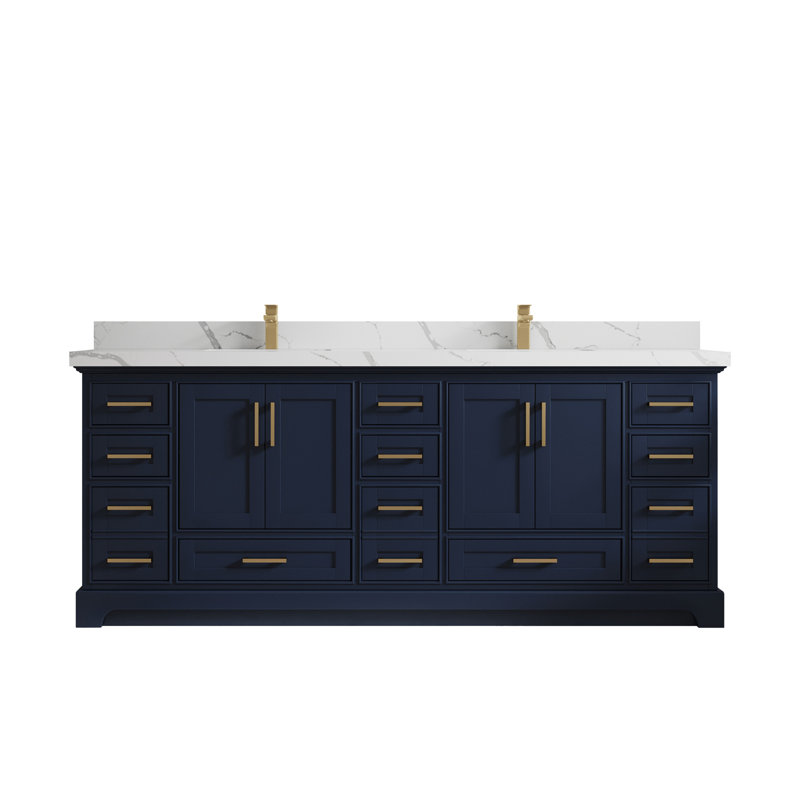 84'' Double Bathroom Vanity with Quartz Top, Piatra Gray
