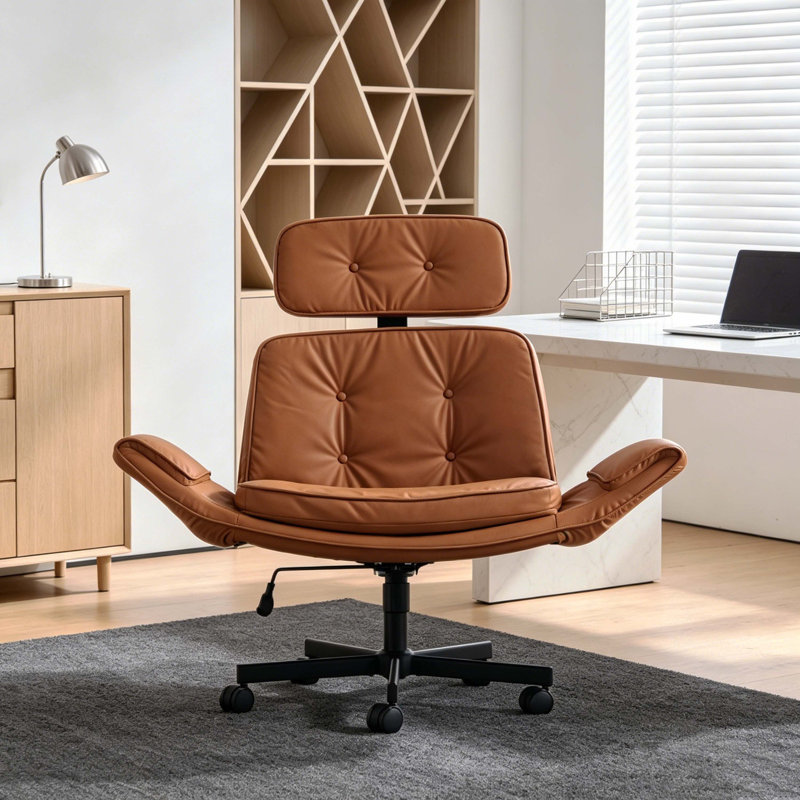 Adjustable Criss Cross Office Chair with 6-Gear Armrests & Headrest, PU Leather Wide Seat Swivel Chair for Cross-Legged Sitting, Ergonomic Lounge Desk Chair for Home, Vanity, and Gaming