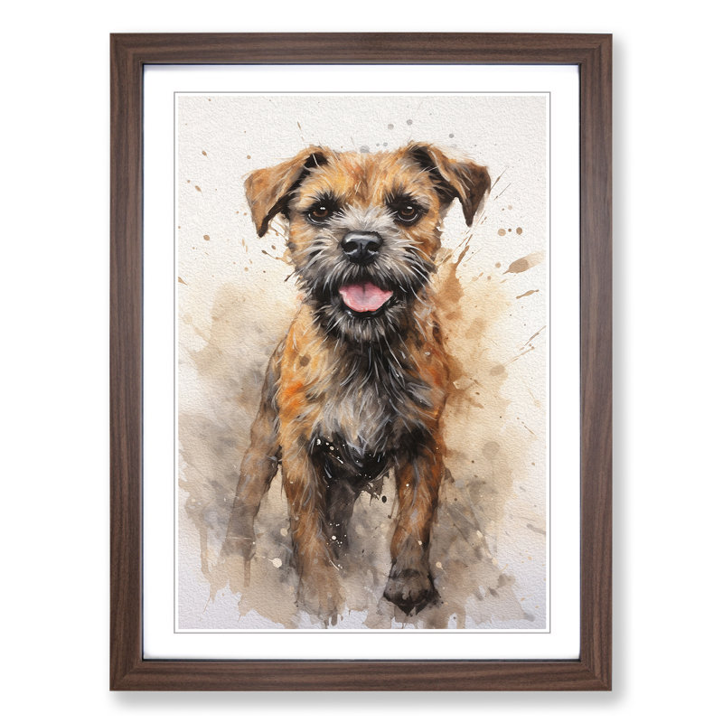 Border Terrier Action Painting - Single Picture Frame Print on Wood, Walnut Framed, 46cm H x 34cm W x 2cm D