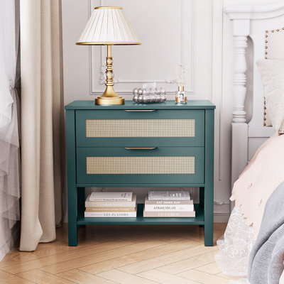 Table de chevet étroite en rotin avec 2 tiroirs et tablette de rangement Boho