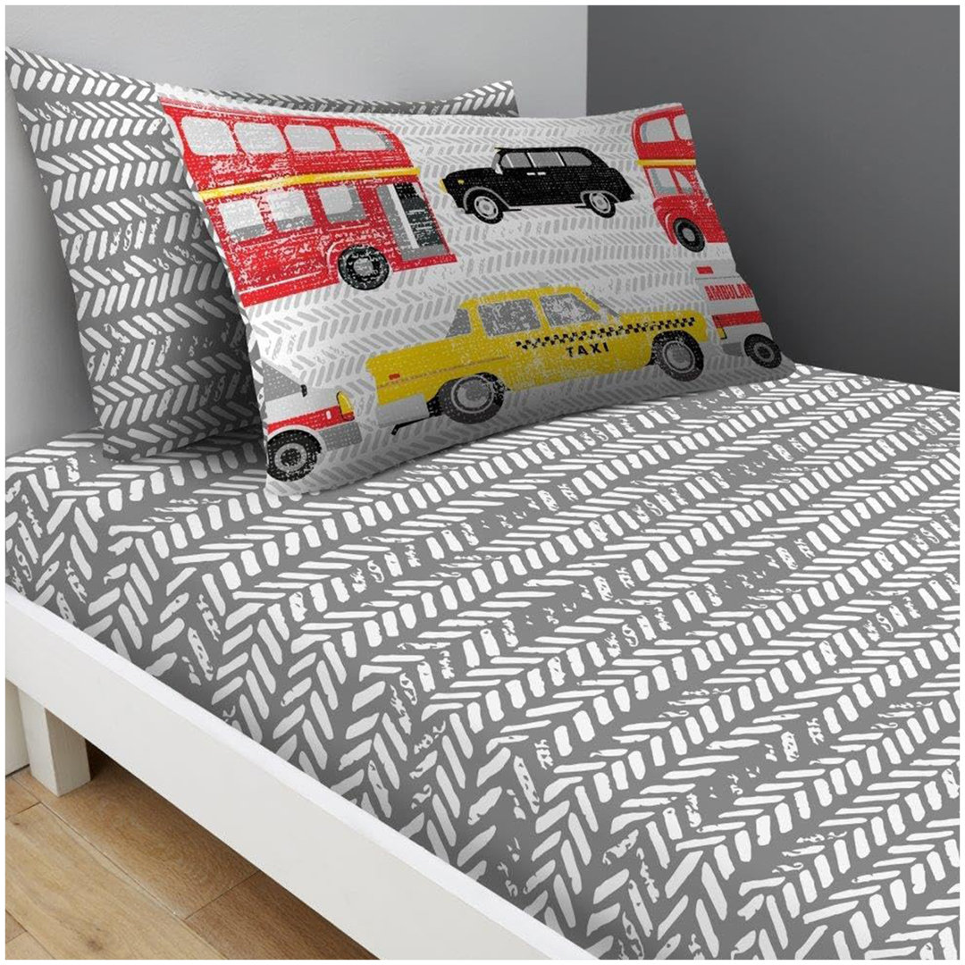 Kids Transport Theme Fitted Sheet Set Polycotton Bedding with Pillowcases Elasticated Edges Secure Fit Soft Comfortable Easy Care