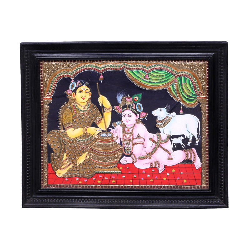 Grand Yashoda Maiya avec Bal Krishna Tanjore | Couleurs traditionnelles avec or 24 carats | Structure en bois de teck