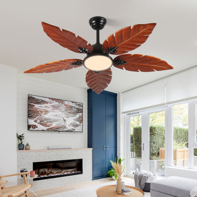 52" Tropical Palm Leaf Solid Wood Ceiling Fan, Quiet Motor for Patio/Living Room