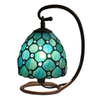 Small Tiffany Lamp Stained Glass Table Lamp 8X6X10 Inch Mini Accent Memory Sympathy Antique Night Light for Bedroom Living Room (Sea Blue Pearl)