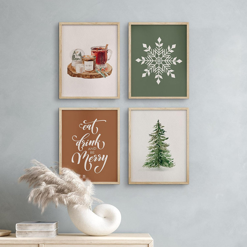 «Merry Christmas Pine Tree Snowflake Mulled Wine», impression sur papier 4 pièces, H 10 po x l 8 po, Naturel