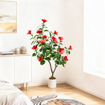 4 ft Artificial Hibiscus Tree, Faux Outdoor Plant with Red Flowers, Lifelike Decorative Potted Tree for Home, Office, Patio & Garden