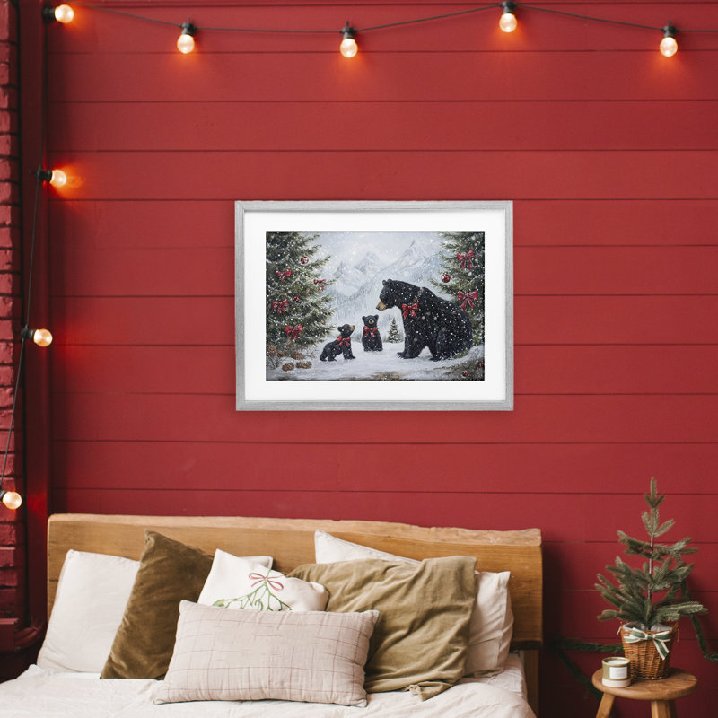 «Christmas Black Bears», reproduction sous verre encadrée, design par Tina LeCour, H 14 po x l 20 po, Cadre de ferme gris