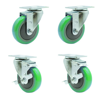 4 Inch Green Polyurethane Wheel Swivel Top Plate Caster Set with 2 Brakes SCC
