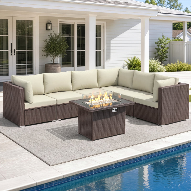 6-piece Modern Patio Sectional Sofa Set With Fire Pit Table, Wicker Conversation Set For Backyard & Garden, Brown/Beige, Yes
