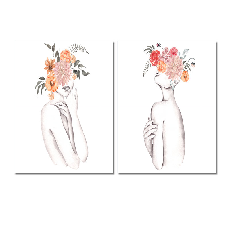 Silhouette de femme avec fleurs rouges et mauves, ensemble de 2 pièces glamour, H 36 po x l 48 po x P 1 po