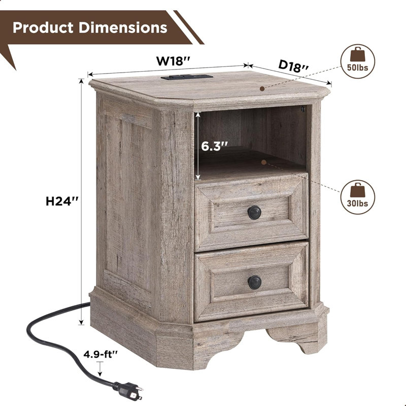 Light Rustic Oak 18" Farmhouse Nightstand with Charging Station and 2 Drawers