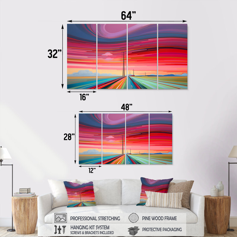 Red SunSet Mimal Country Road Horizontal Waves - Abstract Landscape Wall Art Decor, 4 pièces, H 28 po x l 48 po