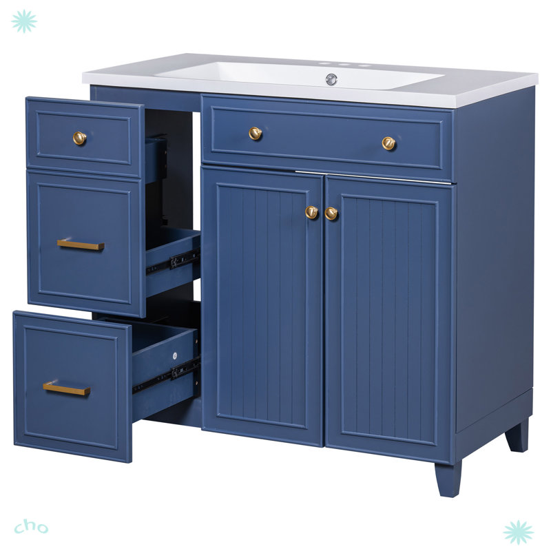 Armoire de salle de bain de style transitionnel de 36 pouces avec lavabo en résine, Bleu marine