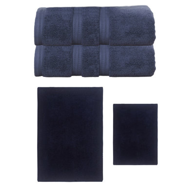 Buariki Collection 100% Soft Cotton 2 Pc Bath Towel Set & 2 Pc Bath Rug Set, (Set of 4) Reversible