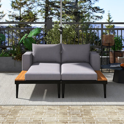Modern Outdoor Daybed Patio  Metal Daybed|Fixable And Washable Cushions&Pillows In Gary|2 In 1 Padded Chaise Lounges| Wood Topped Side Spaces For Drinks  | Adjustable Leg Supports|For Poolside, Balcony, Deck,