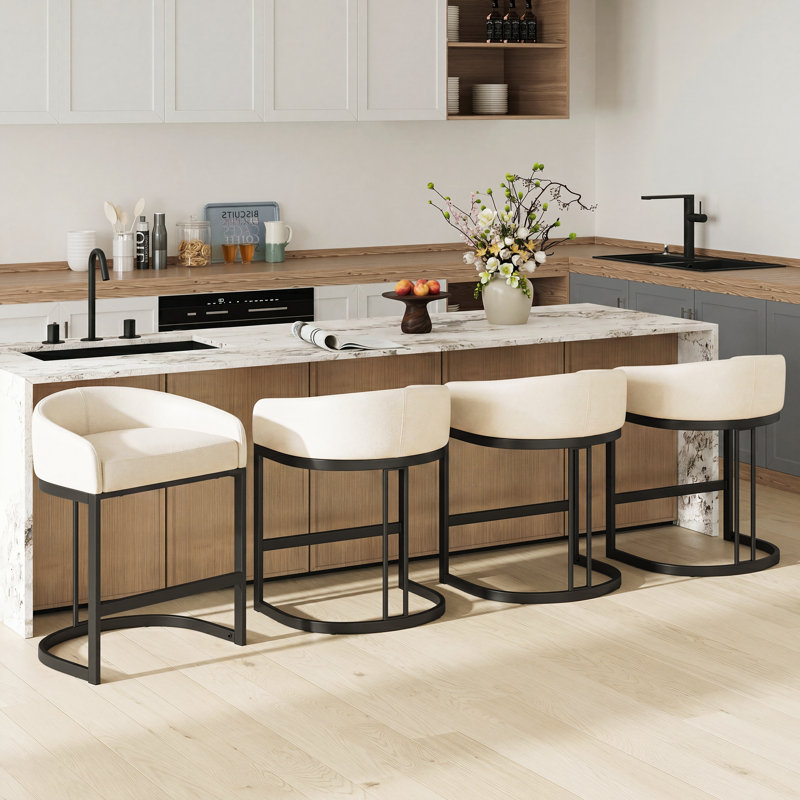 Tabouret de comptoir rembourré en cuir de polyuréthane avec structure en métal, Beige