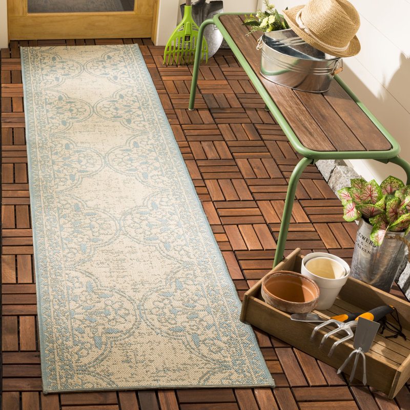 Tapis intérieur / extérieur turquoise / crème Danya, Tapis de couloir 2 pi 2 po x 8 pi