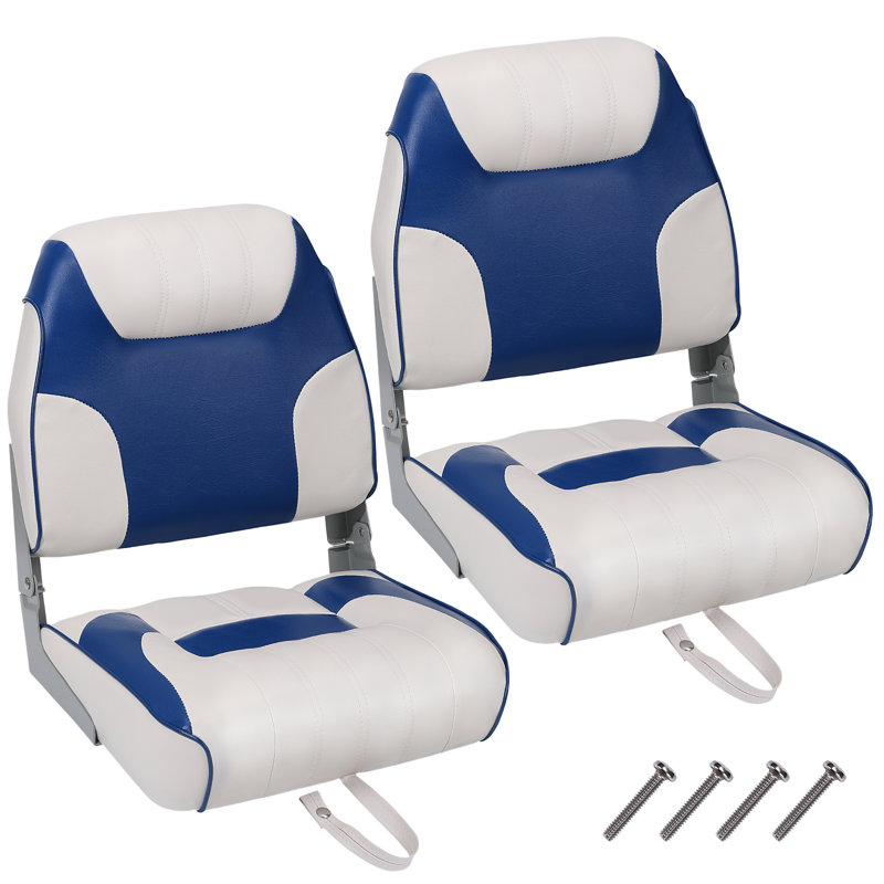 Ensemble de 2 sièges de bateau pliants à dossier bas de couleur bleu royal et blanc avec coussin éponge épais et cadre en plastique moulé résistant aux intempéries pour la pêche