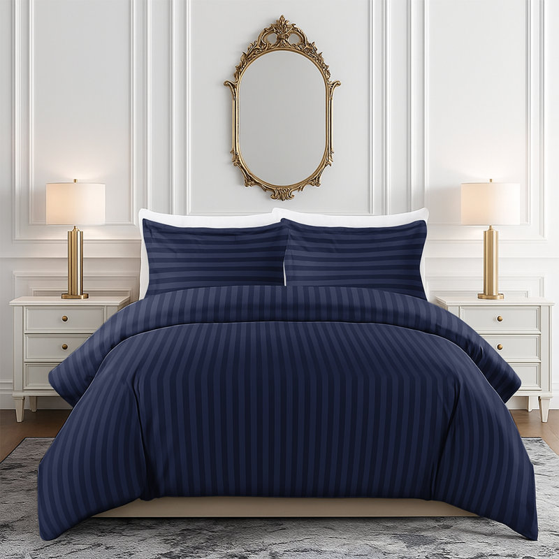 Microfiber Striped Duvet Cover Set with Matching Pillowcases and Stripe Fitted Sheet, Navy