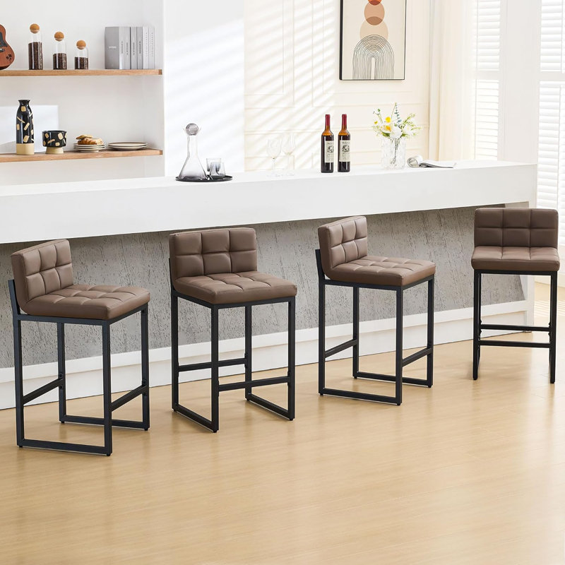Tabouret de comptoir rembourré à dossier bas avec structure en métal épaissie pour îlot de cuisine, Brun, 4