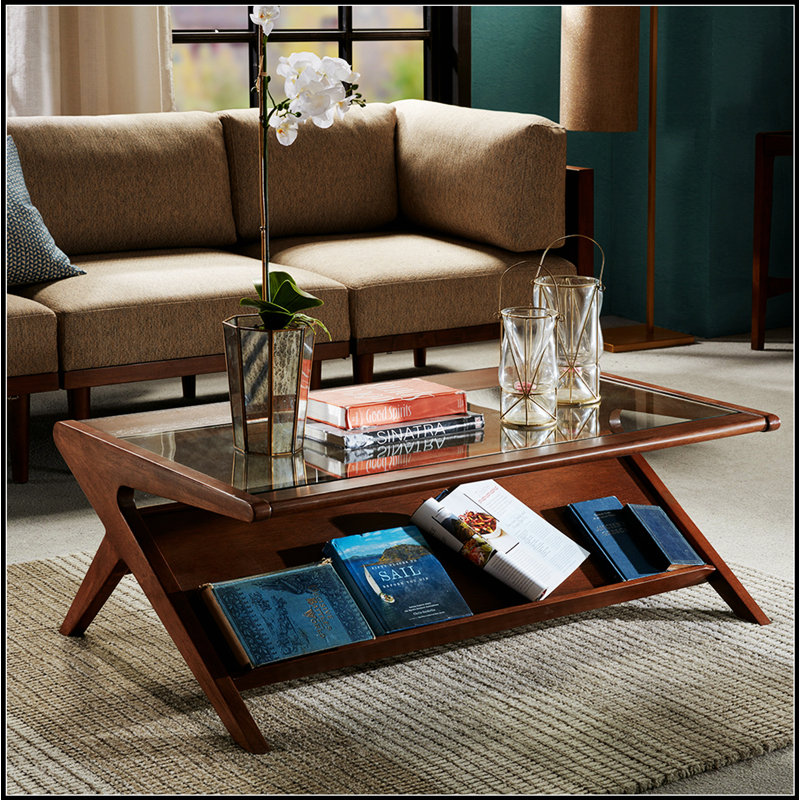 Table basse Rocket avec plateau en verre trempé et rangement angulaire, parfaite pour les salons modernes