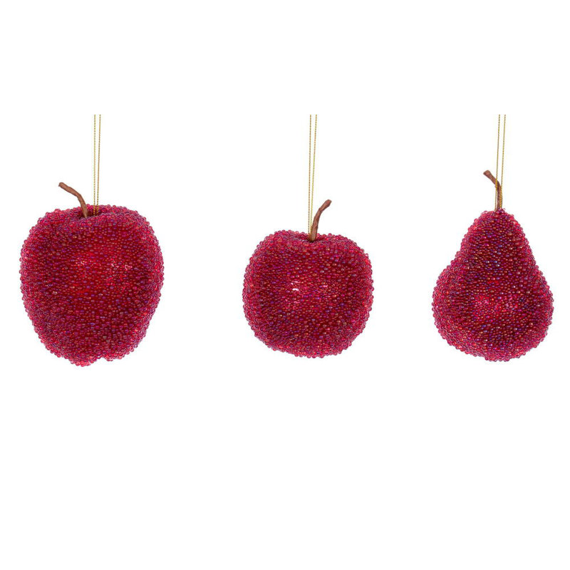 3.5"-4.5" Beaded Fruit Ornament. This includes a set of three., Red Beaded