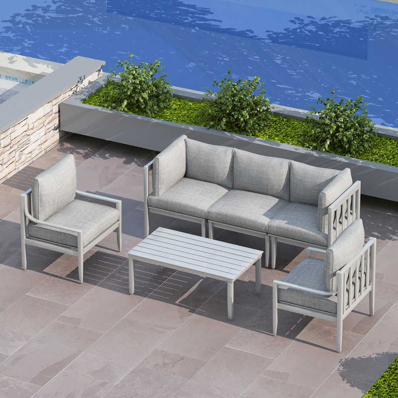 Patio Furniture Set With Cushion, 6 Pcs Aluminum Outdoor Sectional Sofa Set With Chair, Table | All Weather Use Modular Seating Conversation Set For Poolside Backyard, Frame With Cushion