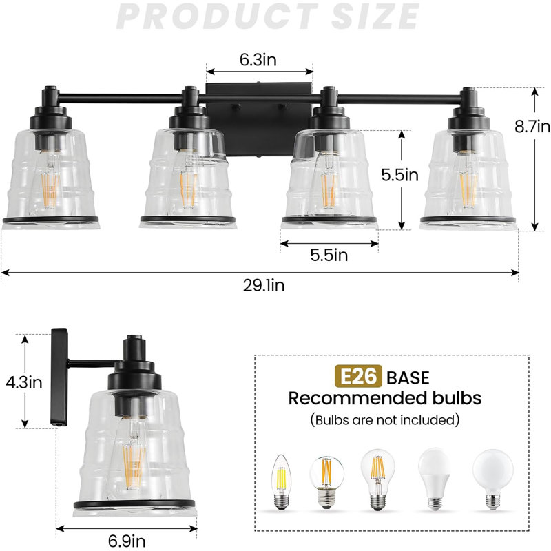 Luminaire de salle de bain 4 lumières avec abat-jour en verre transparent, applique murale moderne pour éclairage en miroir, compatible avec la base E26 (ampoules non incluses)