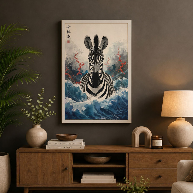 Zebra Emerges Japandi - Wrapped Canvas, 30x20 - 76.2 x 50.8 cm, White Border
