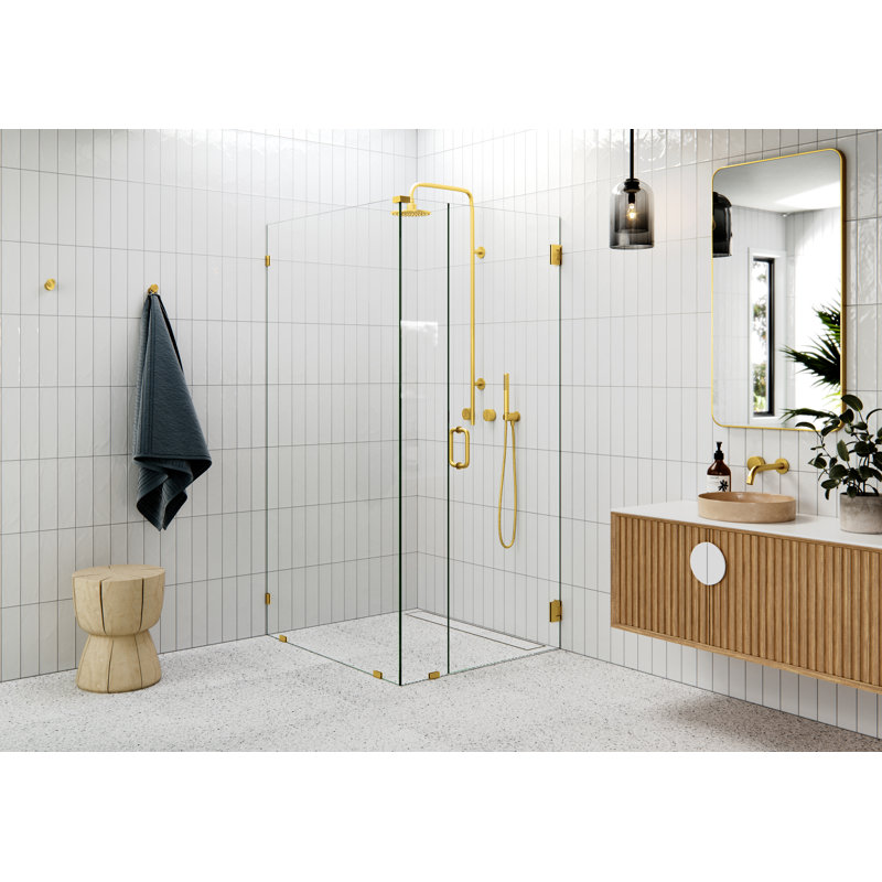 78" H Pivot Frameless Shower Door, Satin Brass