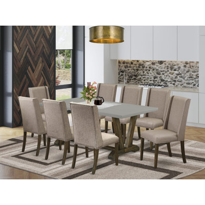 9-Pc Set a beautiful Cement Small Kitchen Table top and 8 Dark Khaki Parson dining room chairs with Nail Heads and Curved Back, Distressed Jacobean Finish