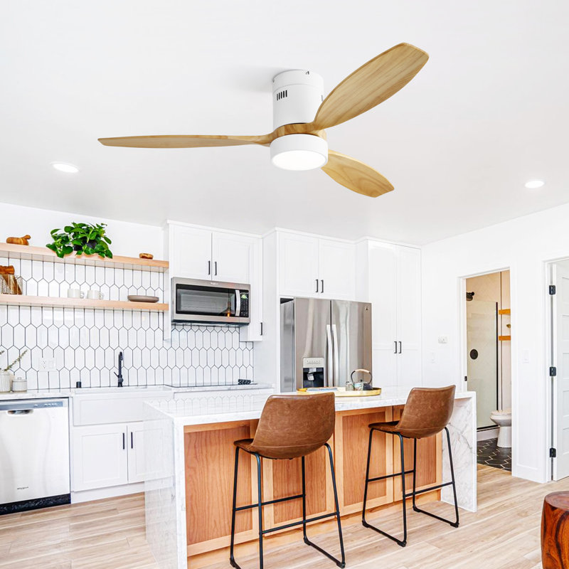 52 Inch Flush Mount Ceiling Fan DC 3 Solid Wood Fan Blade Noiseless Reversible Motor Remote Control With Light