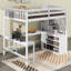 Lit mezzanine double avec bureau intégré en forme de L, tablettes de rangement à trois niveaux, escalier de rangement attaché-36465498