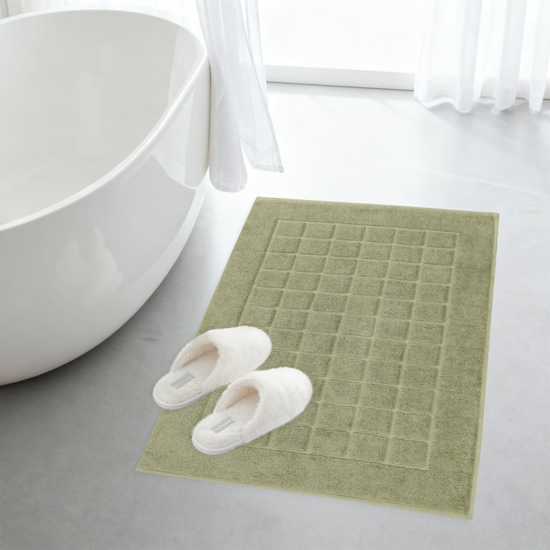 100% Cotton Thick & Absorbent Reversible Checkered Bath Mats - Set Of 2, Forest Green