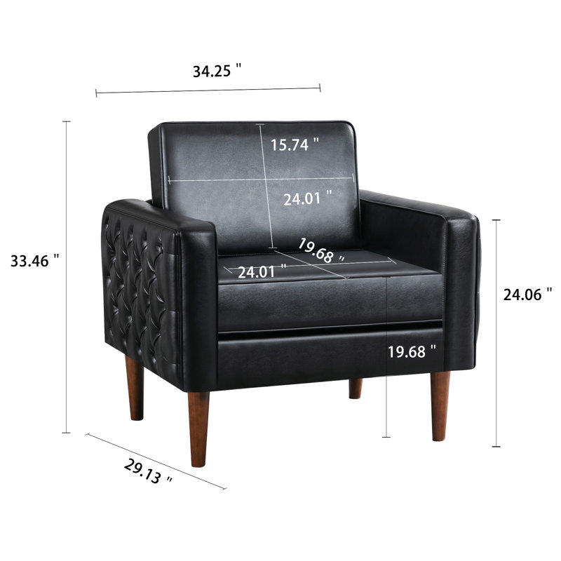 Mid-Century Faux Leather Armchair with Spacious Seat, Black Faux Leather