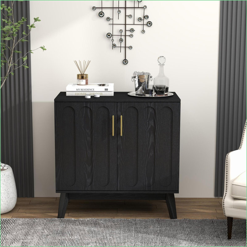 Cabinets, Mid Century Modern Fluted Sideboard with Adjustable Shelves &amp; Outlet Hole, Walnut Brown | Solid Wood+MDF | Modern