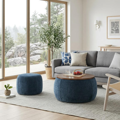25'' Round Storage Ottoman Set Of 2 Vanity Stool With Storage For Bedroom Coffee Table Woven Rattan Coffee Table Foot Stool For Living Room Dark Blue