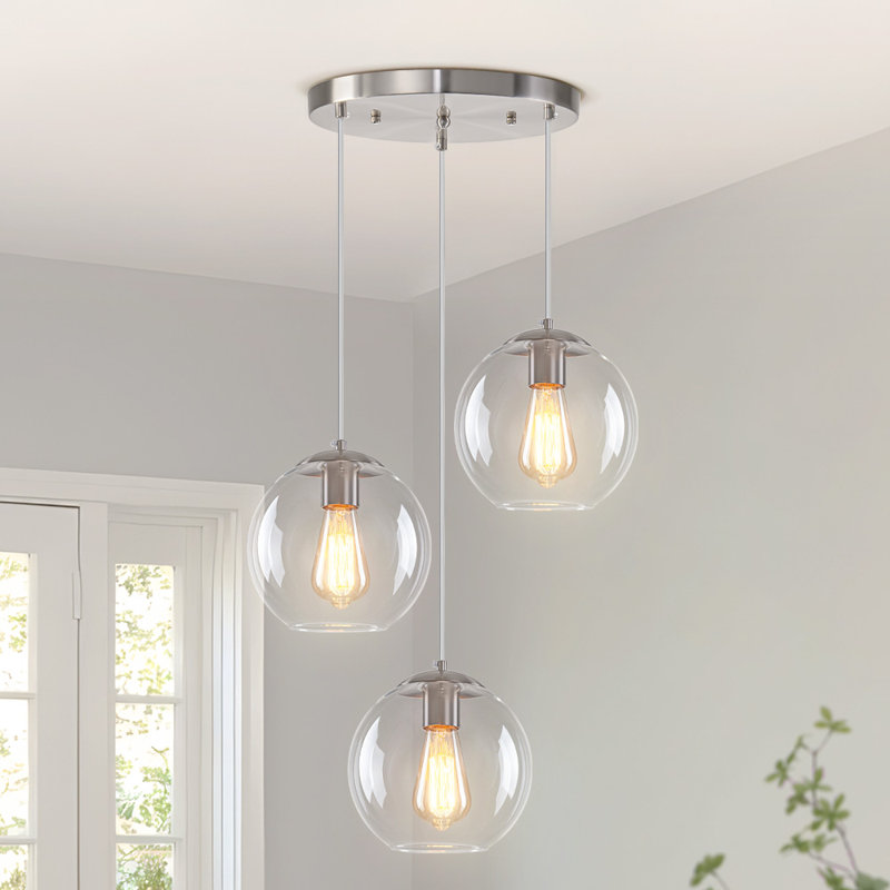 3-Light Globe Glass  Cluster Pendants, Brushed Nickel
