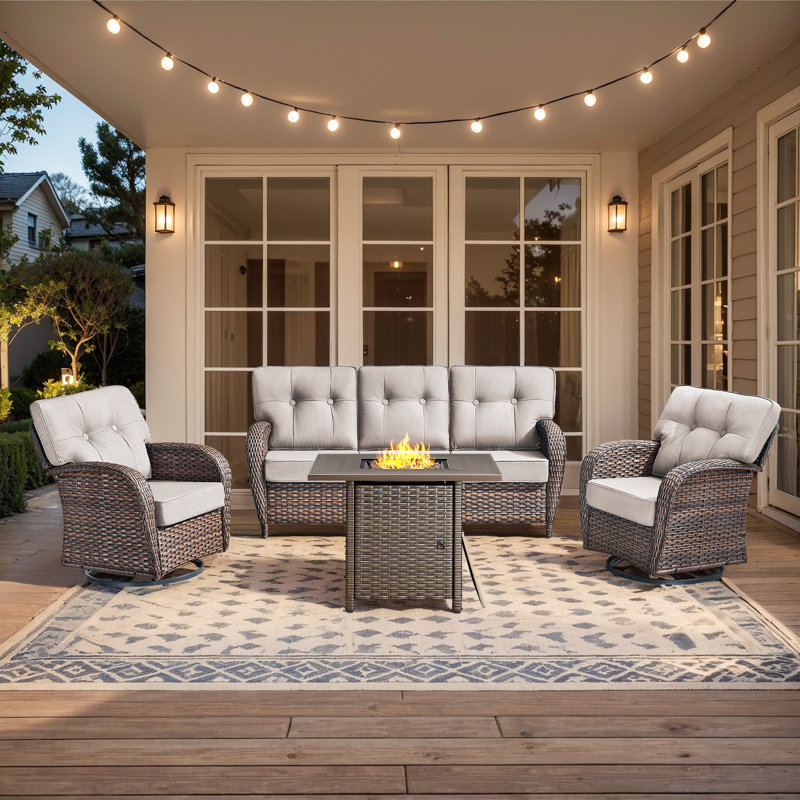 Teebeck 4-Piece Wicker Rattan Patio Conversation Set With Square Fire Pit Table And Swivel Chairs, Beige