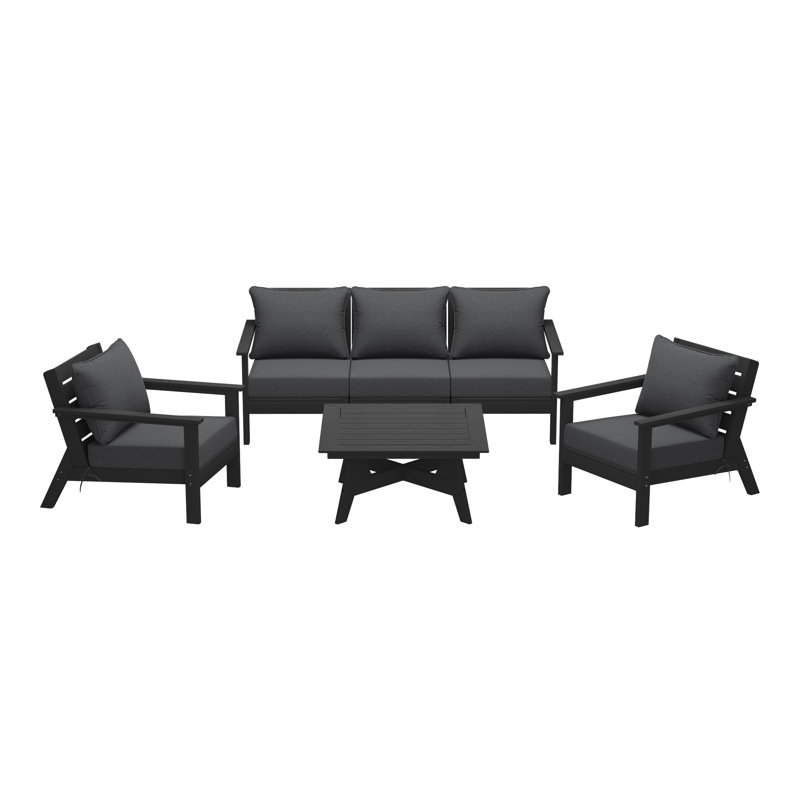 Ensemble de conversation à assise profonde 6 pièces, Noir, noir, noir, noir, Gris
