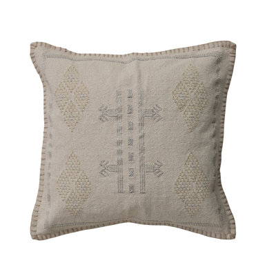 Square Cotton Pillow with Metallic Gold and Silver Thread Embroidery, Blanket Stitch and Chambray Back