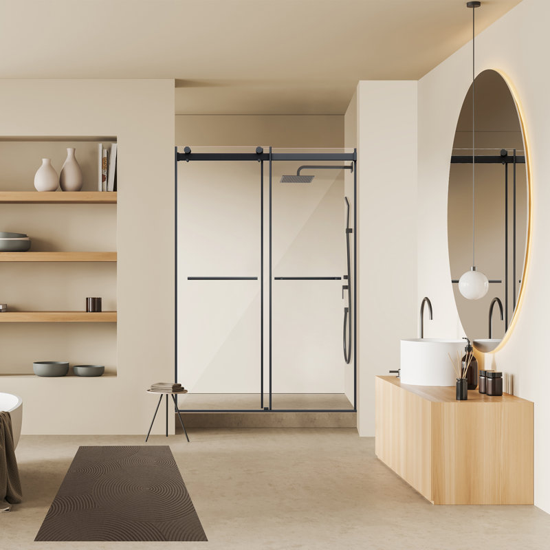 Porte de douche à rouleau exposée sans cadre de couleur noire mat avec verre transparent Belizzi l 52 po x H 76 po