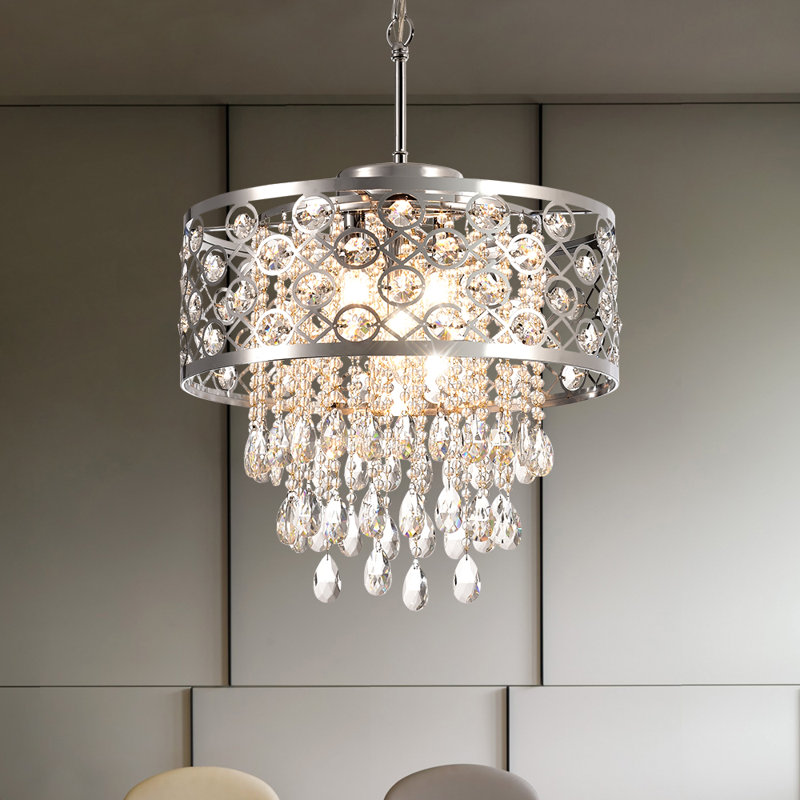Lustre tambour en métal à 5 lumières Jolie avec détails en cristal, Chrome poli