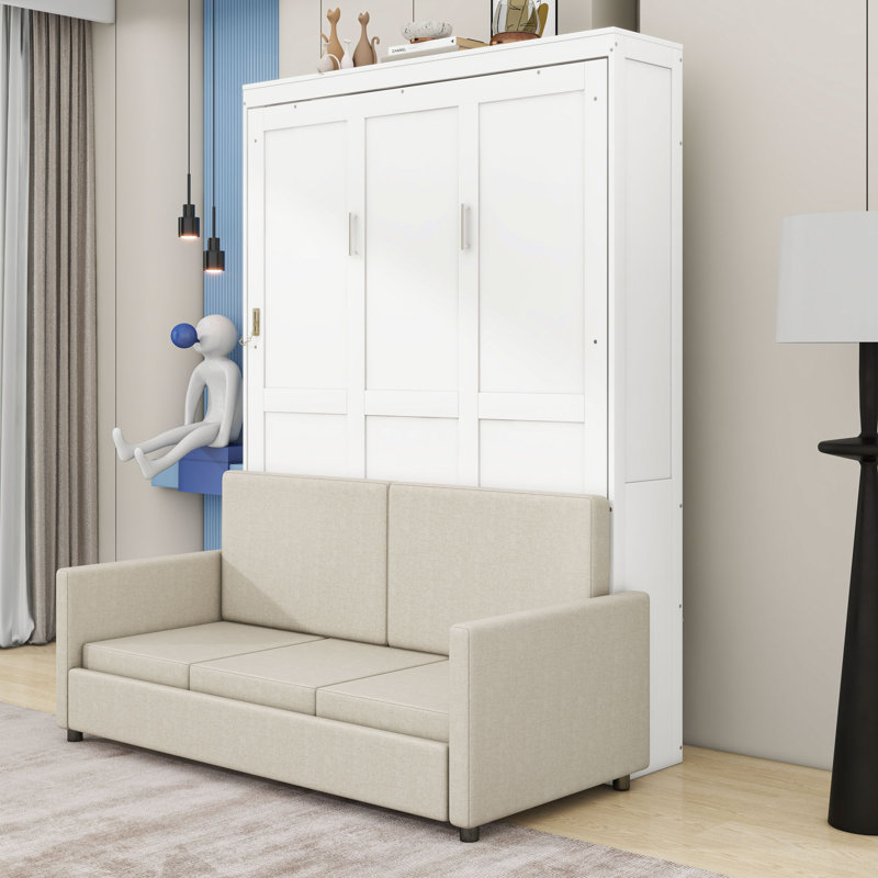 Lit escamotable mural en bois avec canapé, Double, Blanc