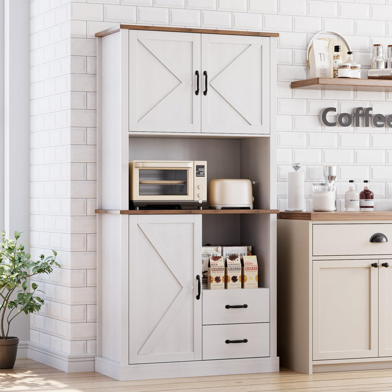 Kitchen Pantry Cabinet with Microwave Stand, White