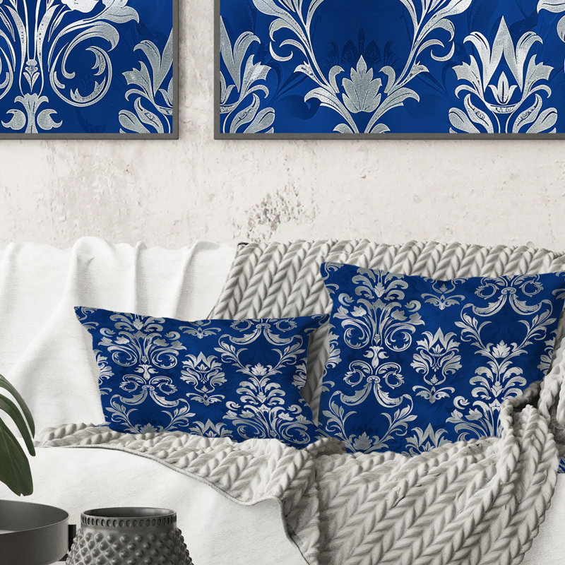 «Blue Whitetimeless Damask Art I» - Coussin décoratif transitionnel, 16" x 16"