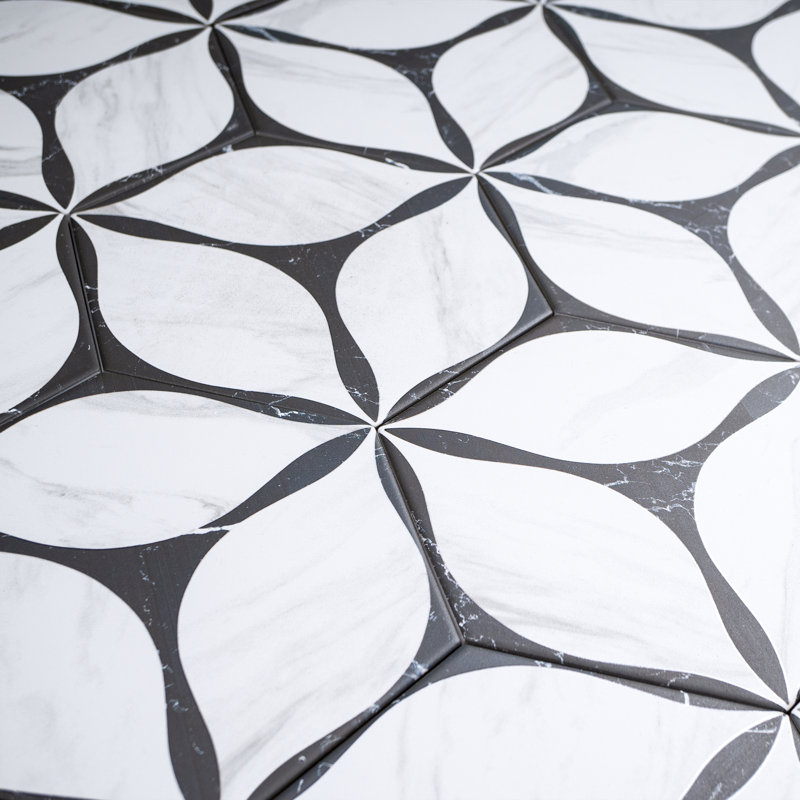 Carrelage mural et de plancher en porcelaine mate Hexagon 7,7 po x 8,9 po Corola, Blanc / noir