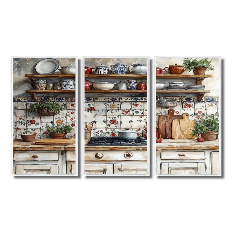 «Gray Country Kitchen Rustic Charm II», ensemble d'art mural, Toile encadrée flottée blanche, H 40 po x l 60 po x P 1 po